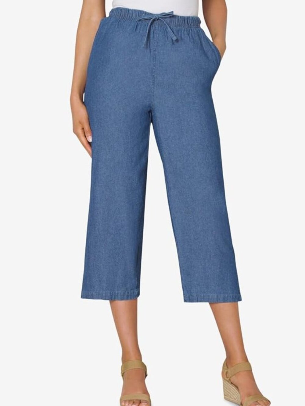 Woman Within Drawstring Stonewash Denim Capri Pants w/Pockets Size 22W NIP